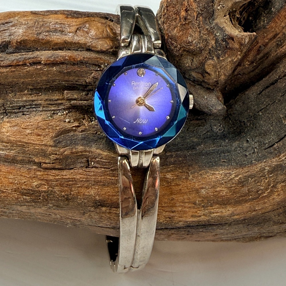 Armitron Diamond Now Womens Silver Tone Bangle Watch Blue Faceted Dial 75/2967